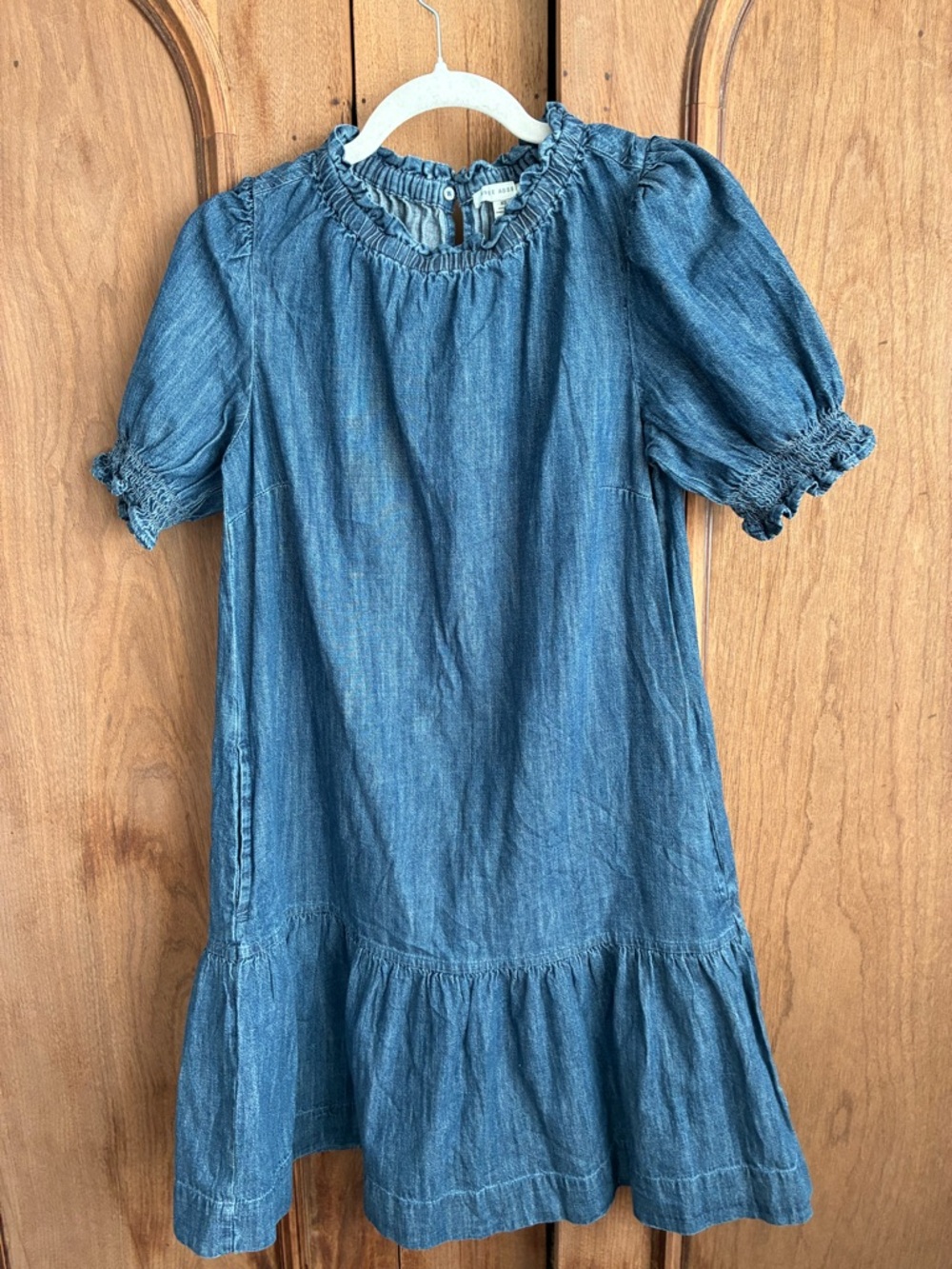Smocked Neck Denim Mini Dress - lightweight denim, Size XSmall